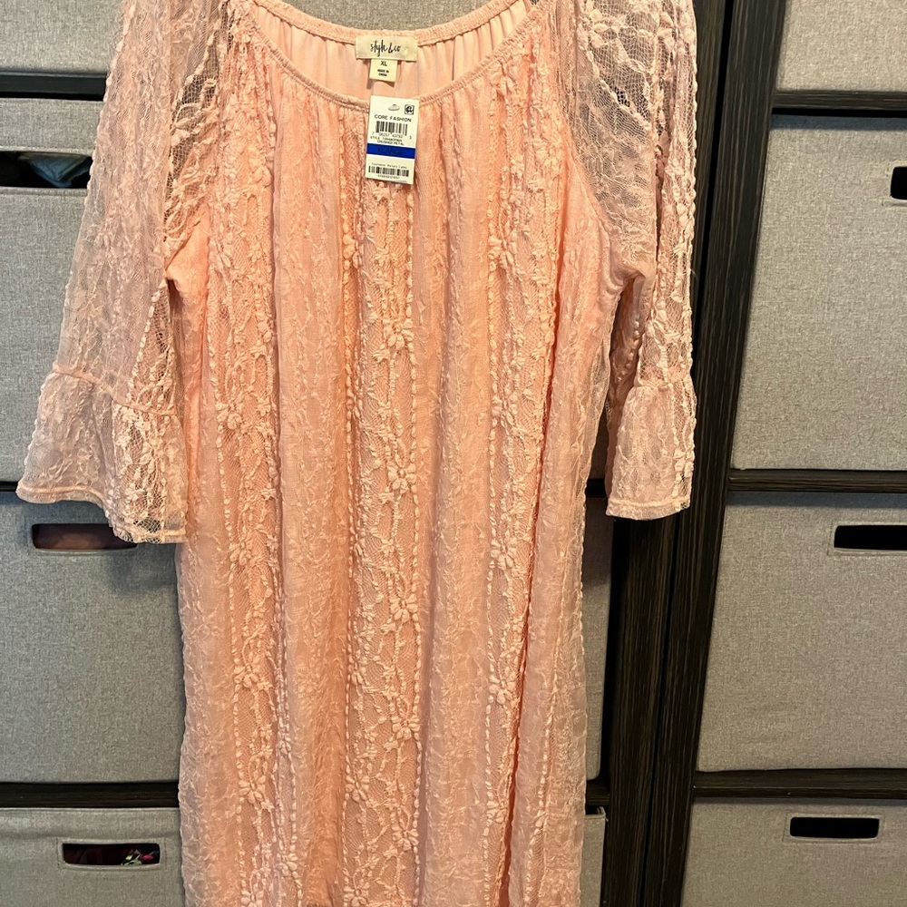 Peach lace overlay midi dress.  XL